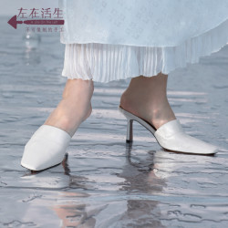 生活在左 新品女士复古百搭尖头单鞋高跟拖鞋小众设计4912284时尚