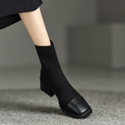 手工女鞋~5cm~牛皮袜靴女粗跟2025秋冬单靴毛线短靴高跟瘦瘦靴