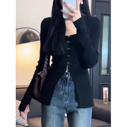 韩版设计感开叉方领黑色长袖T恤女网红洋气显瘦气质百搭时尚上衣