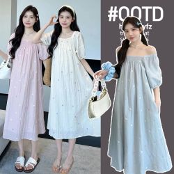 2026孕妇装夏装新款刺绣碎花雪纺裙中长款方领孕妇连衣裙宽松显瘦