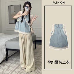 现货  夏季洋气牛仔蕾丝拼接上衣时髦薄款外穿宽松韩版孕妇夏装