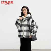 百亿补贴：鸭鸭羽绒服 鸭鸭短款羽绒服女25新款时尚撞色拼接格子毛呢外套女