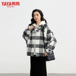 鸭鸭羽绒服 鸭鸭短款羽绒服女25新款时尚撞色拼接格子毛呢外套女