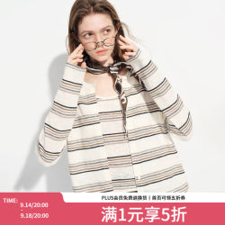 范思蓝恩 轻薄显瘦条纹针织两件套女2026春新款圆领针织上衣1296 米咖条纹 L