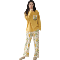 芬腾 100%纯棉圆领长袖花卉家居服套装 黄色 2XL