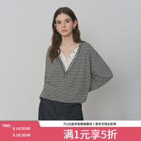 范思蓝恩 假两件黑白条纹V领复古长袖T恤女秋季2025新款上衣3227 黑白条纹 L