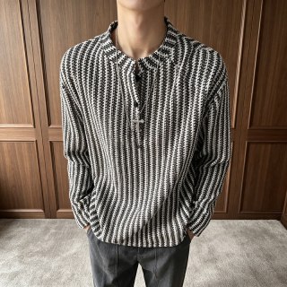 月伊纺 黑白条纹长袖t恤男潮流宽松休闲半高领上衣鱼骨纹长袖T恤青年上衣