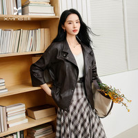 香影 复古咖色PU皮衣短外套女2026秋季新款翻领长袖夹克通勤上衣