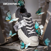 SMILEREPUBLIC 70S 做旧灰流苏“金蝶”增高厚底系带圆头帆布鞋 新2 灰色 37