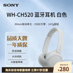 索尼 WH-CH520 舒适高效无线头戴式蓝牙耳机 舒适佩戴 持久续航 音乐耳机 礼物 白色