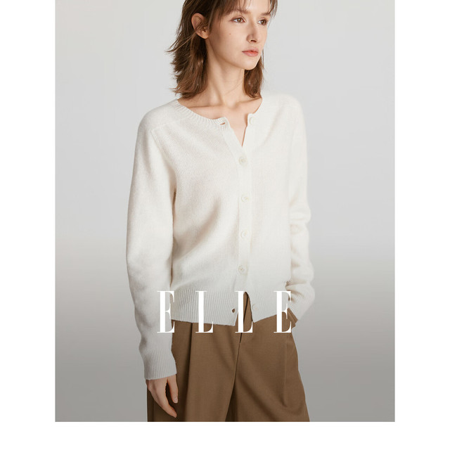 ELLE 100%绵羊毛 圆领针织衫 米白色 M