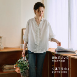 OLRAIN 真五折促销！蕾丝花边V领宽松通勤上衣