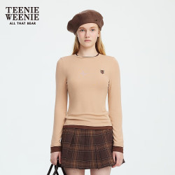 TEENIE WEENIE 小熊女装T恤2025秋季简约线条撞色拼接长袖上衣 卡其色 M