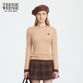 TEENIE WEENIE 小熊女装T恤2025秋季简约线条撞色拼接长袖上衣 卡其色 M