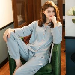 芬腾 女士春秋翻领长袖纯色家居服套装 浅兰 XL