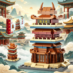 八大名楼中国风古典建筑模型积木 街景拼插 鹤雀楼146PCS