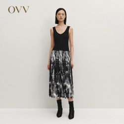 OVV 秋冬热卖女装针梭镶拼印花无袖连衣裙