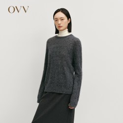 OVV 秋冬热卖女装菱形立体绞花圆领蓬松马海毛长袖针织衫