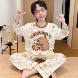 舒梦依 春夏季卡皮巴拉儿童男童睡衣长袖2026新款大童夏款卡通家居服套装
