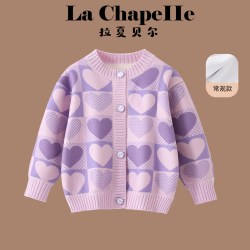 puella kids 拉夏贝尔女童春秋针织开衫2026新款儿童洋气紫色上衣女孩秋冬毛衣