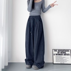 蜜略 大码设计感格子阔腿裤女2026秋季流行新款松弛感软糯休闲运动裤子