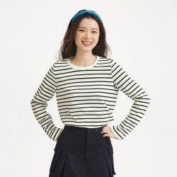 热风 女士圆领长袖T恤基础白色内搭2026年秋季新款黑白条纹内搭T恤