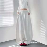 移动端：蜜略 大码白色不透肌理感微褶阔腿裤女秋季新款胖mm显瘦宽松通勤西装裤