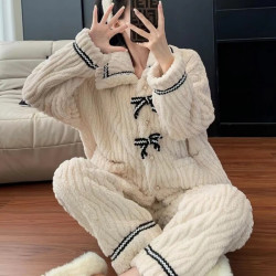 有只绵 睡衣女冬季加绒加厚甜美蝴蝶结保暖珊瑚绒居家服小香风套装 小香蝴蝶结套装 L 80-120