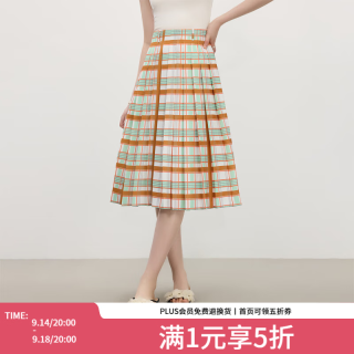 范思蓝恩 复古低腰a字格子百褶半身裙女夏季2025新款显瘦裙子2826 活力橙 XS