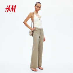 H&M 1335256 高腰斜纹布直筒长裤 卡其绿 34