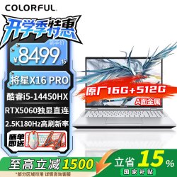 七彩虹 将星X16Pro电竞笔记本电脑 I5 14450HX+5060  16GB+512G 白 标配 180Hz