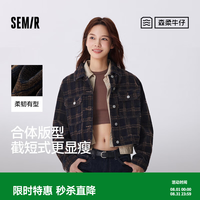 森马 森柔牛仔|牛仔外套女短款翻领做旧衣服秋复古夹克小个子 蓝咖色调00385 L