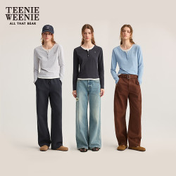 TEENIE WEENIE 小熊女装T恤秋季简约复古时髦撞色拼接长袖 蓝色