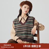 茵曼 保暖撞色条纹毛衣马甲女2026秋季复古V领叠穿针织 咖啡绿-F18448032H1 L