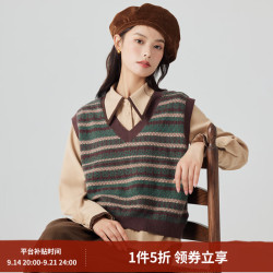 茵曼 保暖撞色条纹毛衣马甲女2026秋季复古V领叠穿针织 咖啡绿-F18448032H1 L