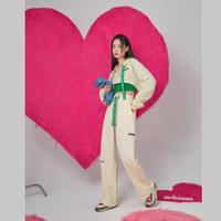 chuu 破洞直筒阔腿休闲裤女春秋季宽松设计感高腰抽绳长裤潮