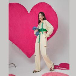 chuu 破洞直筒阔腿休闲裤女春秋季宽松设计感高腰抽绳长裤潮