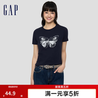Gap 女装秋季纯棉字母蝴蝶logo圆领短袖T恤休闲上衣858906 海军蓝 S (160/84A) 亚洲尺码