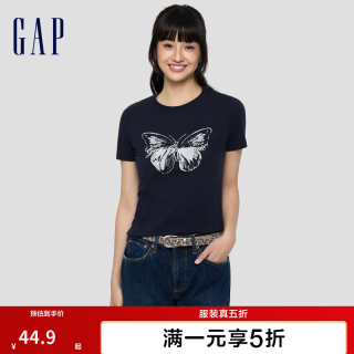 Gap 女装秋季纯棉字母蝴蝶logo圆领短袖T恤休闲上衣858906 海军蓝 S (160/84A) 亚洲尺码