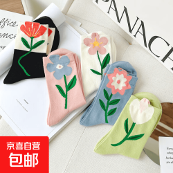 女中筒袜ins潮网红郁金香花袜子韩国日系立体文艺长筒袜 黑色+白色+粉色 3双