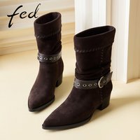 FED 真皮粗跟尖头皮带扣短靴 黑色 37