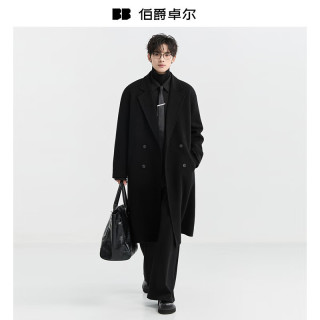 伯爵卓尔 高端全羊毛双面呢大衣100%男士2026秋冬季新款中长款通勤男装外套 墨隐黑（长款）  L (175)