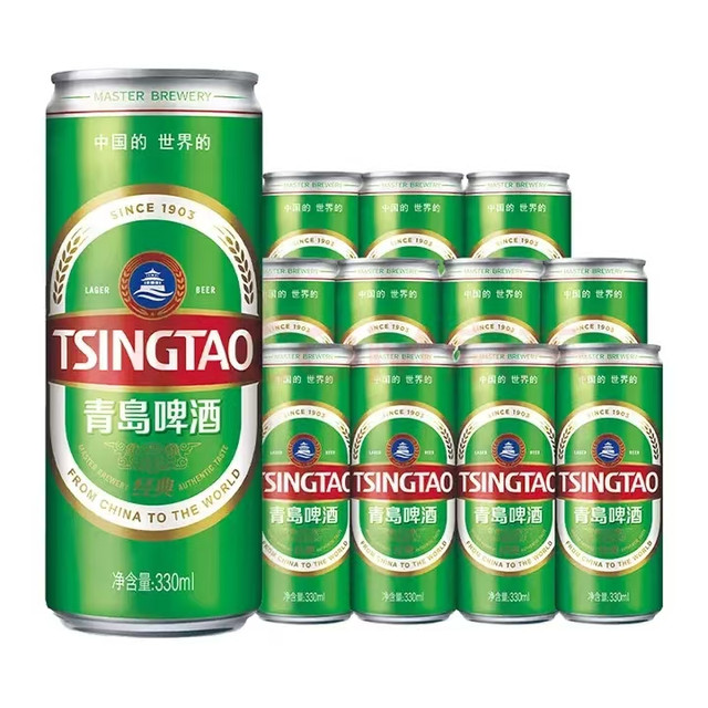 中秋送好礼：青岛啤酒 经典原麦汁浓度11°P 啤酒 纤体罐330mL 12罐