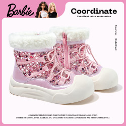 Barbie 童鞋女童棉鞋儿童加绒厚底雪地靴冬季新款保暖公主鞋厚底防滑