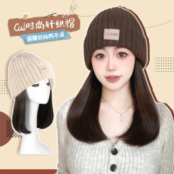 婷子假发/CUL时尚针织帽卷发假发羊毛卷内扣一体保暖洋气帽子假发