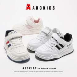 ABCKIDS 开学男女宝魔术贴中大童小白鞋黑白运动皮面板鞋