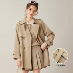 白鹿语 春秋款纯色简约通勤风翻驳领插肩袖女式风衣