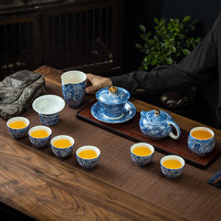 茉舟 正版高端纯手工掐丝银龙功夫茶具套装珐琅彩羊脂玉悬停盖碗凤鸣壶 手工掐丝银龙大套组