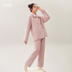安之伴 26新款睡衣女秋冬加厚北羔绒暖暖简约纯色休闲女士家居服 粉色