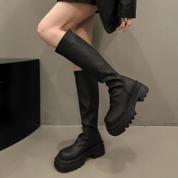 米芙莲 靴子女2026春秋季新款长筒靴小个子不过膝高筒弹力靴棕色中筒长靴
